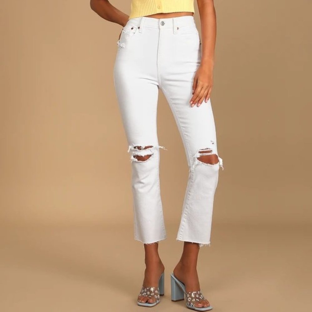 White High-Waisted Distressed Cropped Flare Jeans
